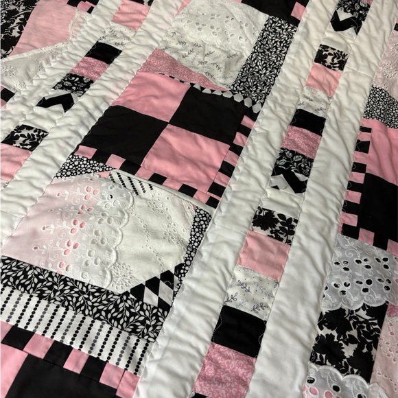 Baby or lap quilt. 36”x39” approx.  pink white black and lace - Picture 2 of 14